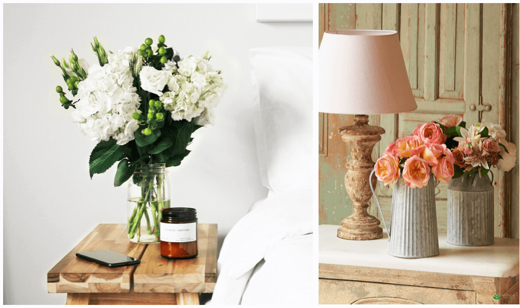 artificial flowers on bed side tables
