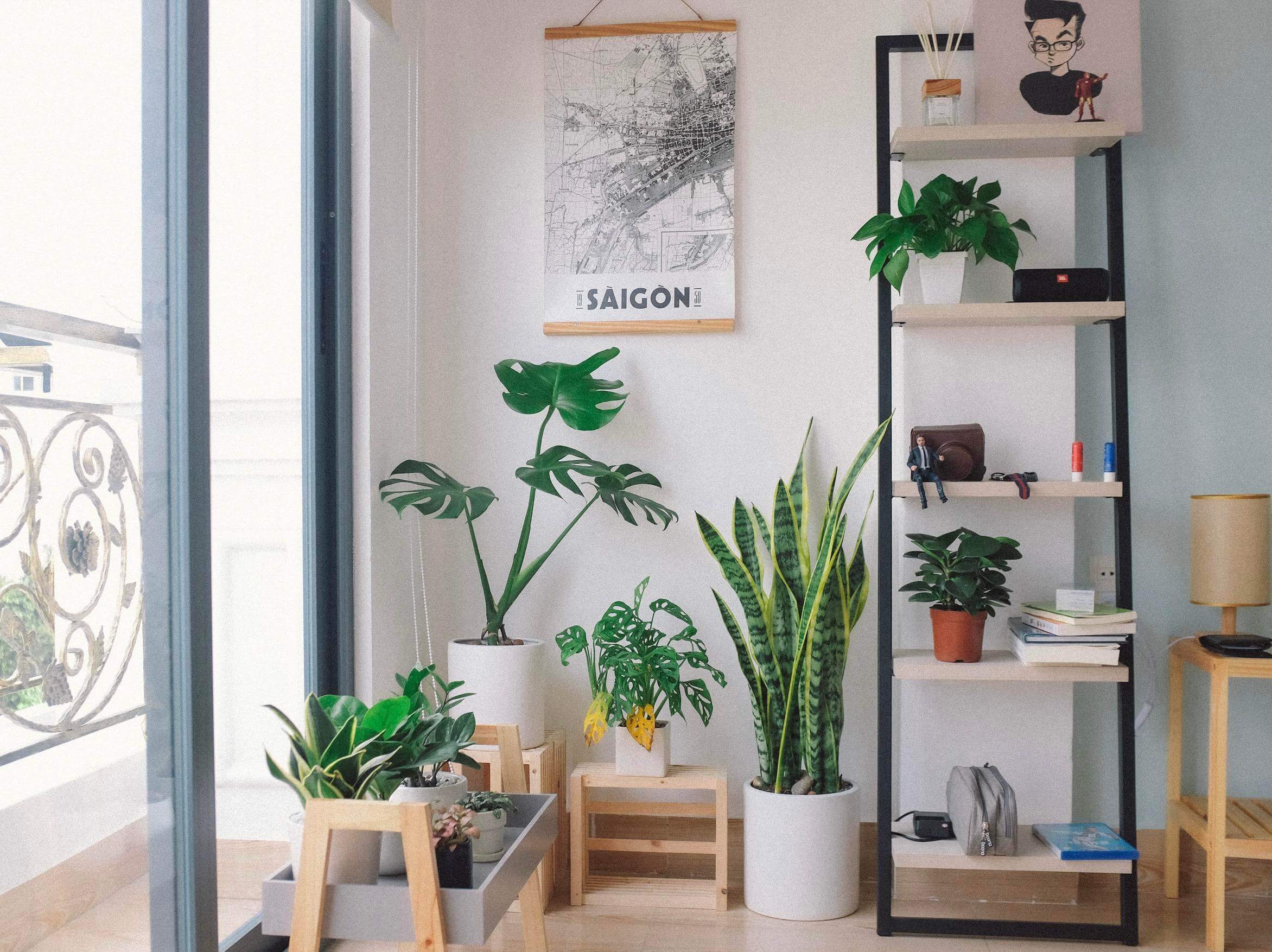 Work from home office with artificial plants