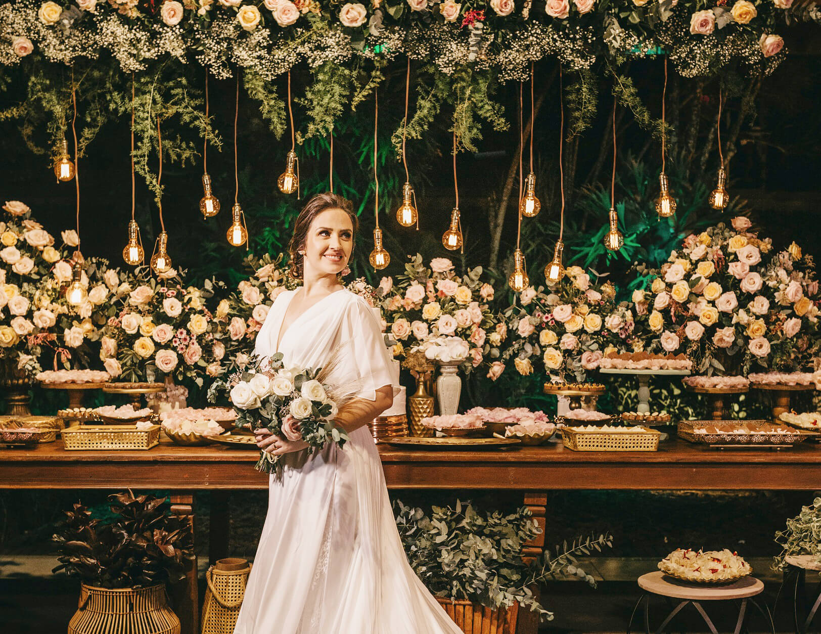 Bride with artificial wedding flower bouqet