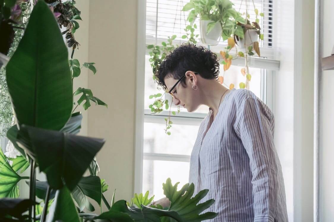 Woman caring for artificial plants