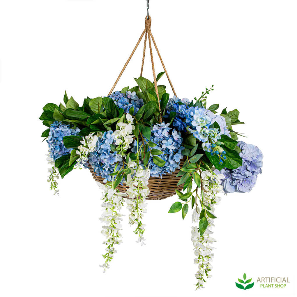 Artificial hydrangeas in hanging basket