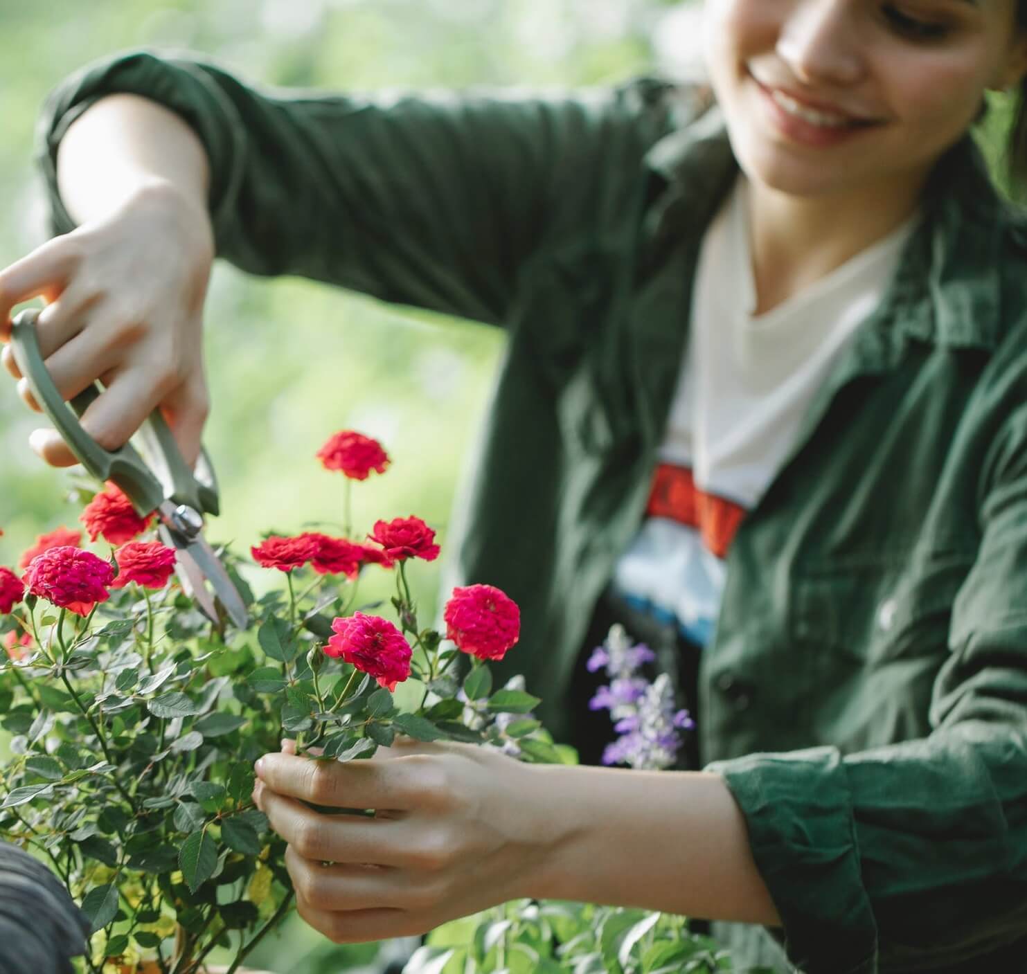 Woman pruning flowers