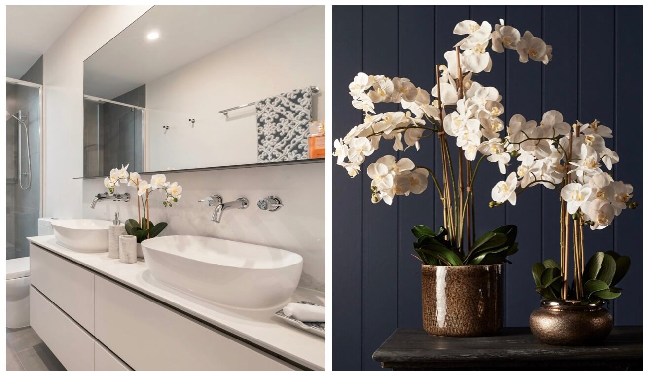 artificial orchids in a bathroom 