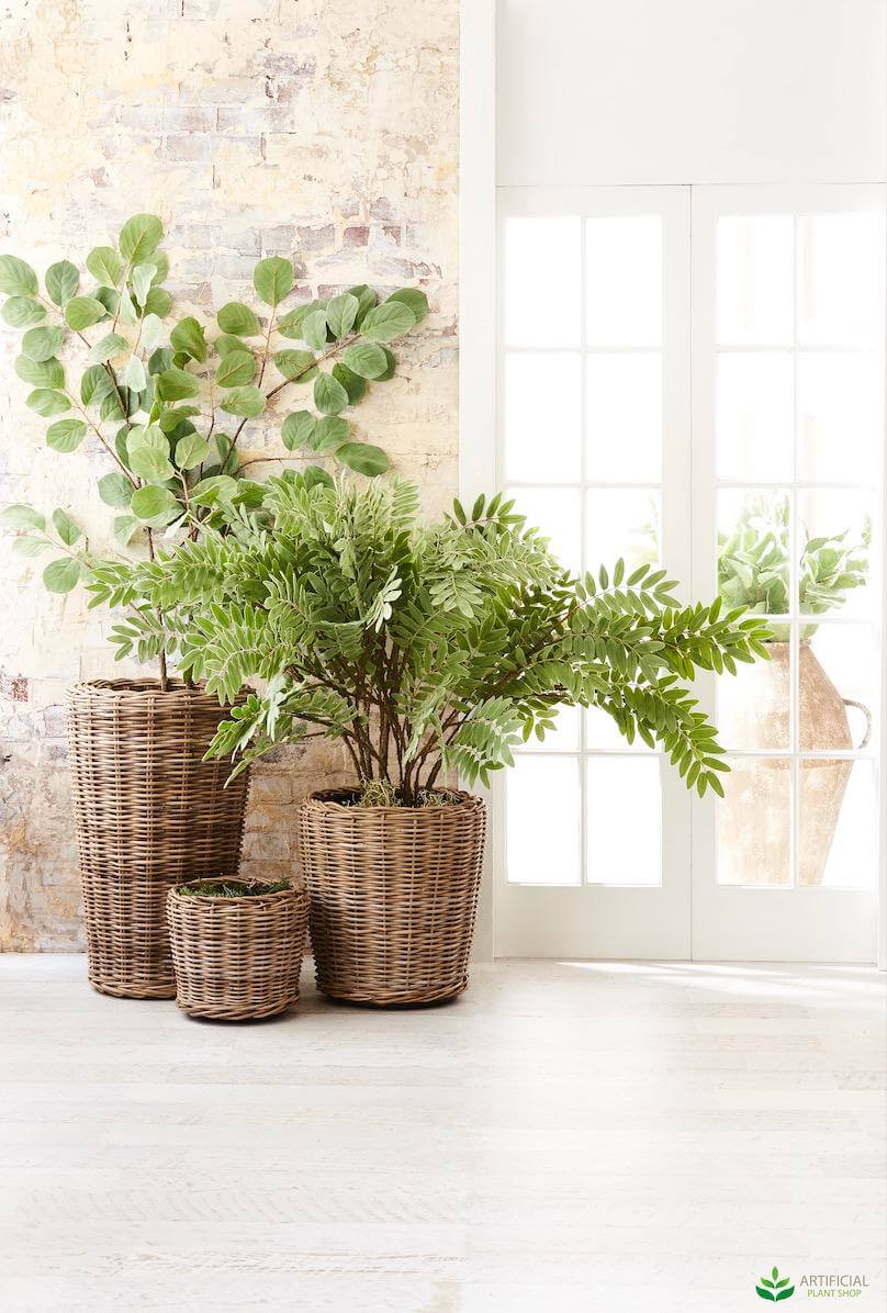 artificial plants in rattan pots