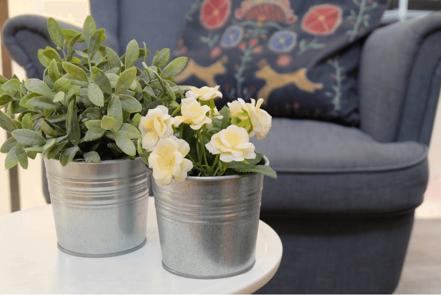 artificial plants in tin pots